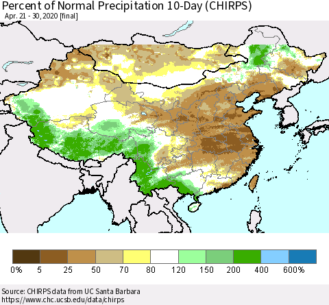 China, Mongolia and Taiwan Percent of Normal Precipitation 10-Day (CHIRPS) Thematic Map For 4/21/2020 - 4/30/2020