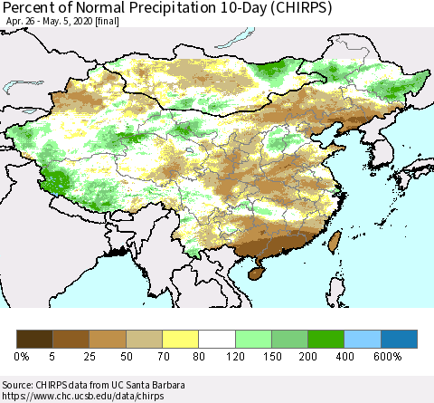 China, Mongolia and Taiwan Percent of Normal Precipitation 10-Day (CHIRPS) Thematic Map For 4/26/2020 - 5/5/2020