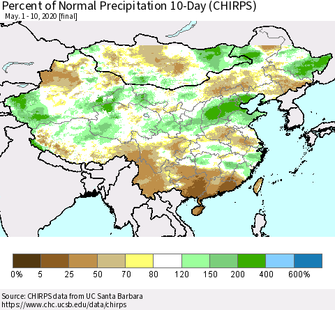 China, Mongolia and Taiwan Percent of Normal Precipitation 10-Day (CHIRPS) Thematic Map For 5/1/2020 - 5/10/2020