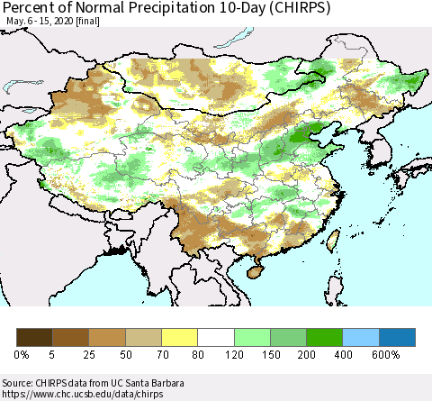 China, Mongolia and Taiwan Percent of Normal Precipitation 10-Day (CHIRPS) Thematic Map For 5/6/2020 - 5/15/2020