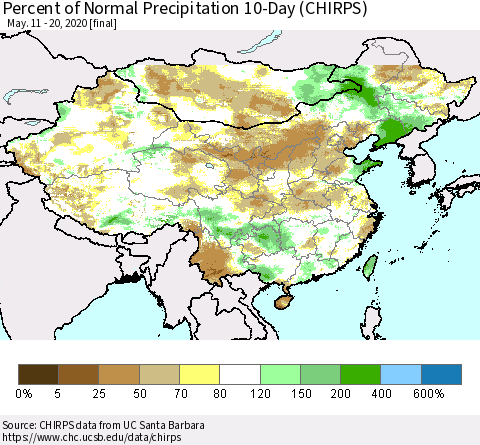 China, Mongolia and Taiwan Percent of Normal Precipitation 10-Day (CHIRPS) Thematic Map For 5/11/2020 - 5/20/2020
