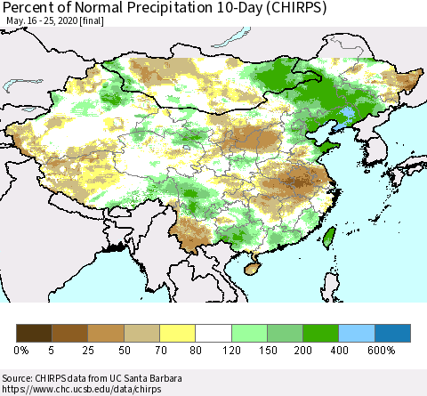 China, Mongolia and Taiwan Percent of Normal Precipitation 10-Day (CHIRPS) Thematic Map For 5/16/2020 - 5/25/2020