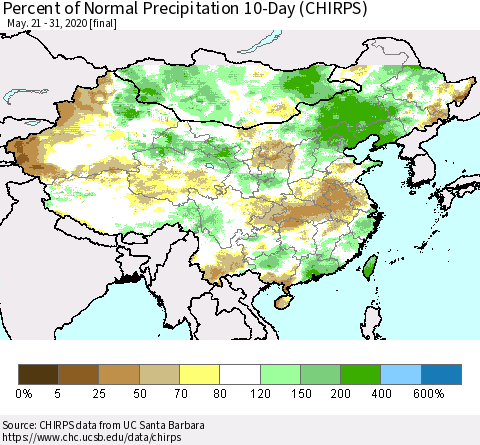China, Mongolia and Taiwan Percent of Normal Precipitation 10-Day (CHIRPS) Thematic Map For 5/21/2020 - 5/31/2020