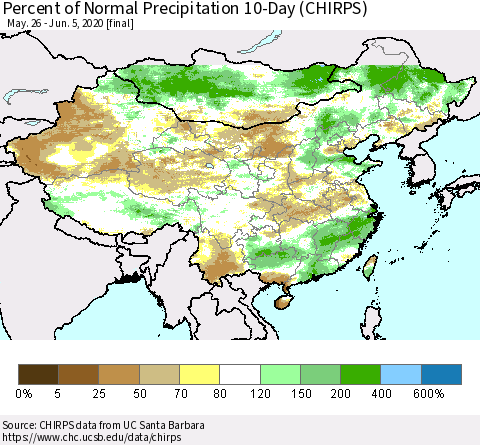 China, Mongolia and Taiwan Percent of Normal Precipitation 10-Day (CHIRPS) Thematic Map For 5/26/2020 - 6/5/2020