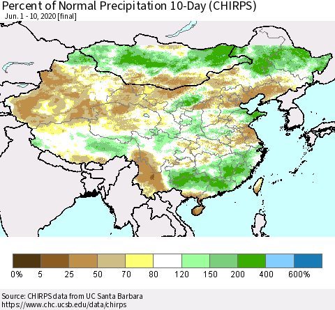 China, Mongolia and Taiwan Percent of Normal Precipitation 10-Day (CHIRPS) Thematic Map For 6/1/2020 - 6/10/2020