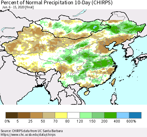 China, Mongolia and Taiwan Percent of Normal Precipitation 10-Day (CHIRPS) Thematic Map For 6/6/2020 - 6/15/2020