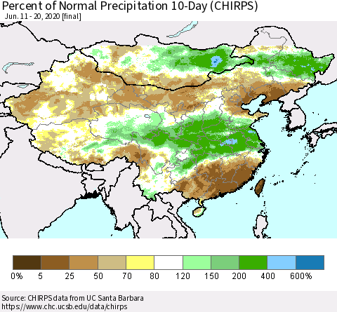 China, Mongolia and Taiwan Percent of Normal Precipitation 10-Day (CHIRPS) Thematic Map For 6/11/2020 - 6/20/2020