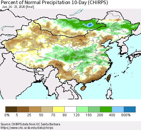 China, Mongolia and Taiwan Percent of Normal Precipitation 10-Day (CHIRPS) Thematic Map For 6/16/2020 - 6/25/2020