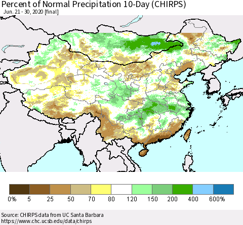 China, Mongolia and Taiwan Percent of Normal Precipitation 10-Day (CHIRPS) Thematic Map For 6/21/2020 - 6/30/2020