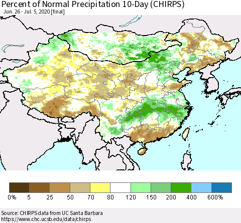China, Mongolia and Taiwan Percent of Normal Precipitation 10-Day (CHIRPS) Thematic Map For 6/26/2020 - 7/5/2020