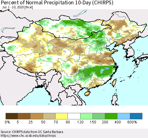 China, Mongolia and Taiwan Percent of Normal Precipitation 10-Day (CHIRPS) Thematic Map For 7/1/2020 - 7/10/2020