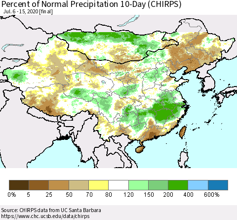 China, Mongolia and Taiwan Percent of Normal Precipitation 10-Day (CHIRPS) Thematic Map For 7/6/2020 - 7/15/2020