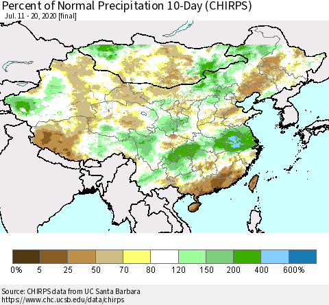 China, Mongolia and Taiwan Percent of Normal Precipitation 10-Day (CHIRPS) Thematic Map For 7/11/2020 - 7/20/2020