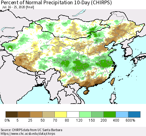 China, Mongolia and Taiwan Percent of Normal Precipitation 10-Day (CHIRPS) Thematic Map For 7/16/2020 - 7/25/2020