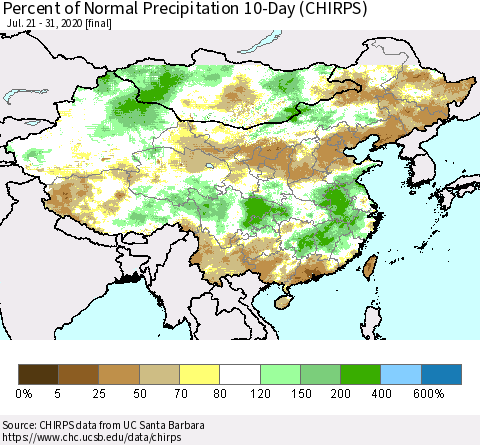 China, Mongolia and Taiwan Percent of Normal Precipitation 10-Day (CHIRPS) Thematic Map For 7/21/2020 - 7/31/2020