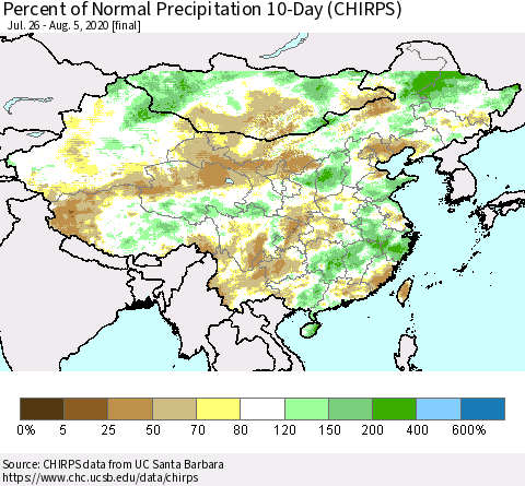 China, Mongolia and Taiwan Percent of Normal Precipitation 10-Day (CHIRPS) Thematic Map For 7/26/2020 - 8/5/2020