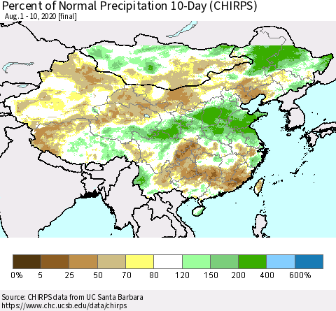China, Mongolia and Taiwan Percent of Normal Precipitation 10-Day (CHIRPS) Thematic Map For 8/1/2020 - 8/10/2020
