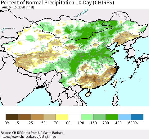 China, Mongolia and Taiwan Percent of Normal Precipitation 10-Day (CHIRPS) Thematic Map For 8/6/2020 - 8/15/2020