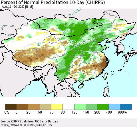 China, Mongolia and Taiwan Percent of Normal Precipitation 10-Day (CHIRPS) Thematic Map For 8/11/2020 - 8/20/2020
