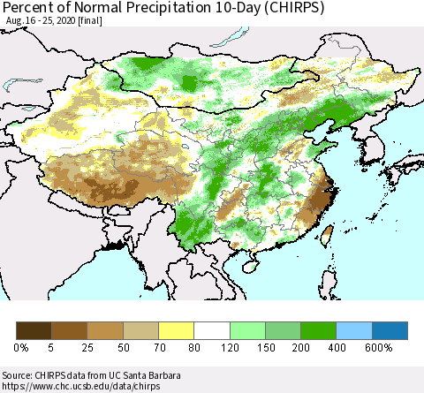 China, Mongolia and Taiwan Percent of Normal Precipitation 10-Day (CHIRPS) Thematic Map For 8/16/2020 - 8/25/2020