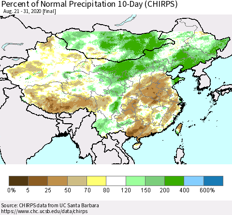 China, Mongolia and Taiwan Percent of Normal Precipitation 10-Day (CHIRPS) Thematic Map For 8/21/2020 - 8/31/2020