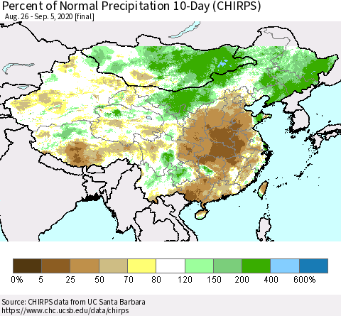 China, Mongolia and Taiwan Percent of Normal Precipitation 10-Day (CHIRPS) Thematic Map For 8/26/2020 - 9/5/2020
