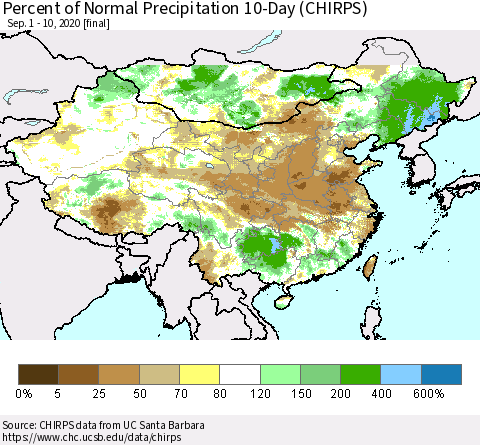 China, Mongolia and Taiwan Percent of Normal Precipitation 10-Day (CHIRPS) Thematic Map For 9/1/2020 - 9/10/2020