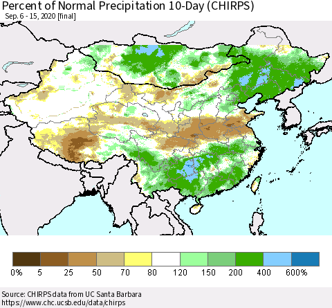 China, Mongolia and Taiwan Percent of Normal Precipitation 10-Day (CHIRPS) Thematic Map For 9/6/2020 - 9/15/2020