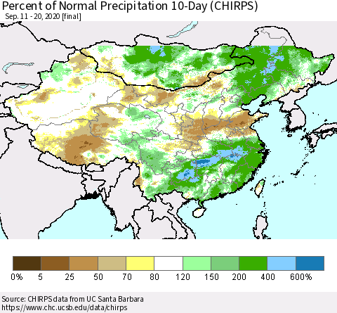 China, Mongolia and Taiwan Percent of Normal Precipitation 10-Day (CHIRPS) Thematic Map For 9/11/2020 - 9/20/2020