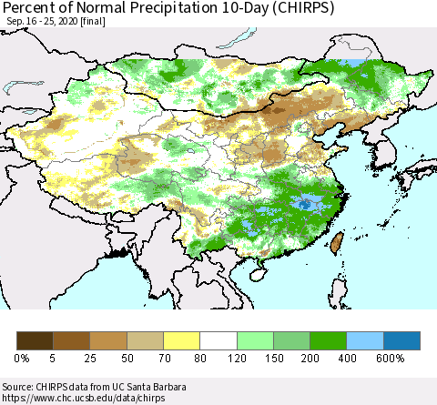 China, Mongolia and Taiwan Percent of Normal Precipitation 10-Day (CHIRPS) Thematic Map For 9/16/2020 - 9/25/2020