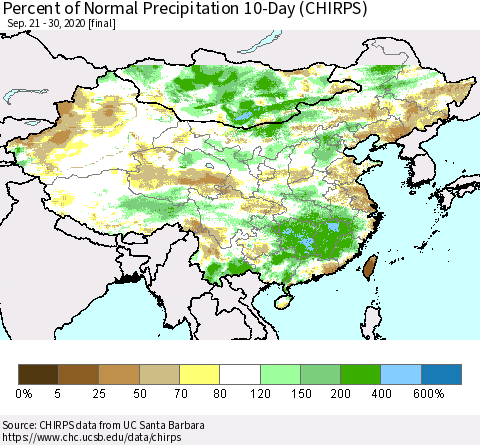 China, Mongolia and Taiwan Percent of Normal Precipitation 10-Day (CHIRPS) Thematic Map For 9/21/2020 - 9/30/2020