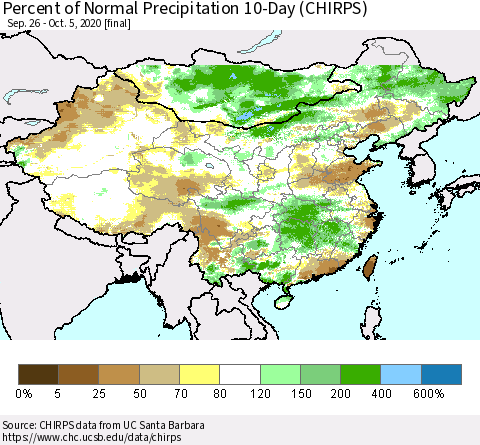 China, Mongolia and Taiwan Percent of Normal Precipitation 10-Day (CHIRPS) Thematic Map For 9/26/2020 - 10/5/2020