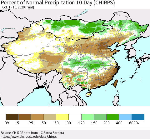 China, Mongolia and Taiwan Percent of Normal Precipitation 10-Day (CHIRPS) Thematic Map For 10/1/2020 - 10/10/2020