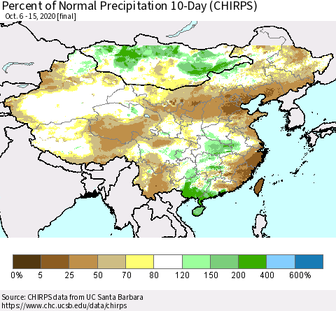 China, Mongolia and Taiwan Percent of Normal Precipitation 10-Day (CHIRPS) Thematic Map For 10/6/2020 - 10/15/2020
