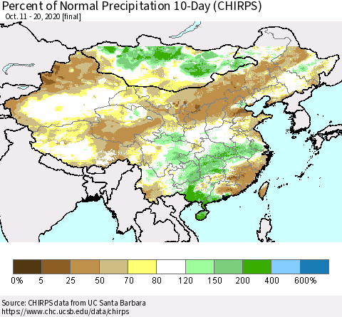 China, Mongolia and Taiwan Percent of Normal Precipitation 10-Day (CHIRPS) Thematic Map For 10/11/2020 - 10/20/2020