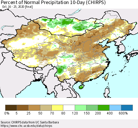 China, Mongolia and Taiwan Percent of Normal Precipitation 10-Day (CHIRPS) Thematic Map For 10/16/2020 - 10/25/2020