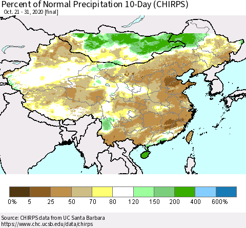 China, Mongolia and Taiwan Percent of Normal Precipitation 10-Day (CHIRPS) Thematic Map For 10/21/2020 - 10/31/2020