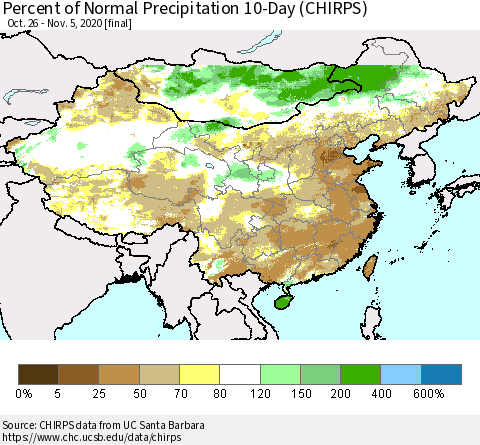 China, Mongolia and Taiwan Percent of Normal Precipitation 10-Day (CHIRPS) Thematic Map For 10/26/2020 - 11/5/2020