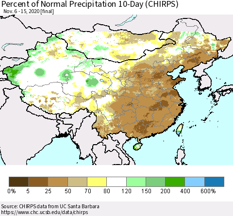 China, Mongolia and Taiwan Percent of Normal Precipitation 10-Day (CHIRPS) Thematic Map For 11/6/2020 - 11/15/2020
