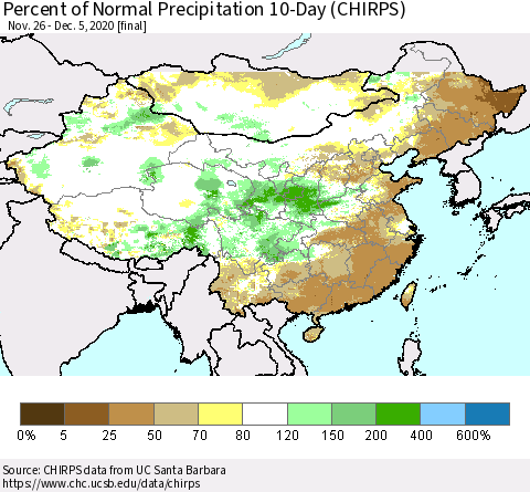 China, Mongolia and Taiwan Percent of Normal Precipitation 10-Day (CHIRPS) Thematic Map For 11/26/2020 - 12/5/2020
