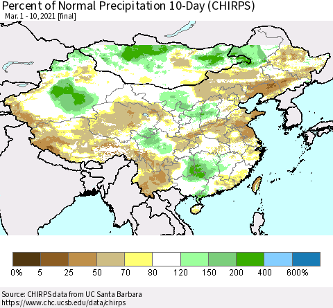 China, Mongolia and Taiwan Percent of Normal Precipitation 10-Day (CHIRPS) Thematic Map For 3/1/2021 - 3/10/2021