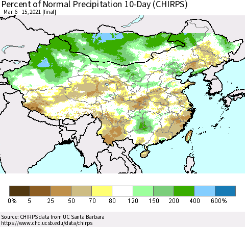 China, Mongolia and Taiwan Percent of Normal Precipitation 10-Day (CHIRPS) Thematic Map For 3/6/2021 - 3/15/2021