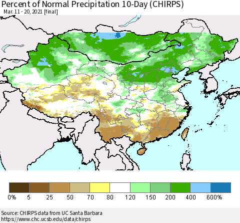 China, Mongolia and Taiwan Percent of Normal Precipitation 10-Day (CHIRPS) Thematic Map For 3/11/2021 - 3/20/2021
