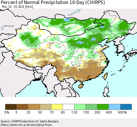 China, Mongolia and Taiwan Percent of Normal Precipitation 10-Day (CHIRPS) Thematic Map For 3/16/2021 - 3/25/2021