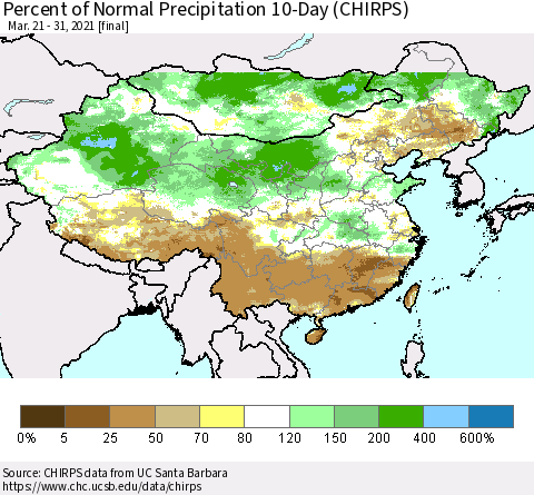China, Mongolia and Taiwan Percent of Normal Precipitation 10-Day (CHIRPS) Thematic Map For 3/21/2021 - 3/31/2021