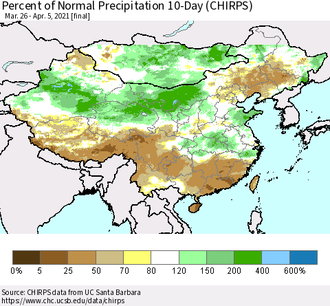 China, Mongolia and Taiwan Percent of Normal Precipitation 10-Day (CHIRPS) Thematic Map For 3/26/2021 - 4/5/2021
