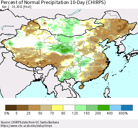 China, Mongolia and Taiwan Percent of Normal Precipitation 10-Day (CHIRPS) Thematic Map For 4/1/2021 - 4/10/2021