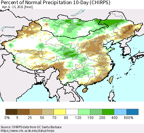 China, Mongolia and Taiwan Percent of Normal Precipitation 10-Day (CHIRPS) Thematic Map For 4/6/2021 - 4/15/2021