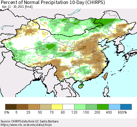 China, Mongolia and Taiwan Percent of Normal Precipitation 10-Day (CHIRPS) Thematic Map For 4/11/2021 - 4/20/2021