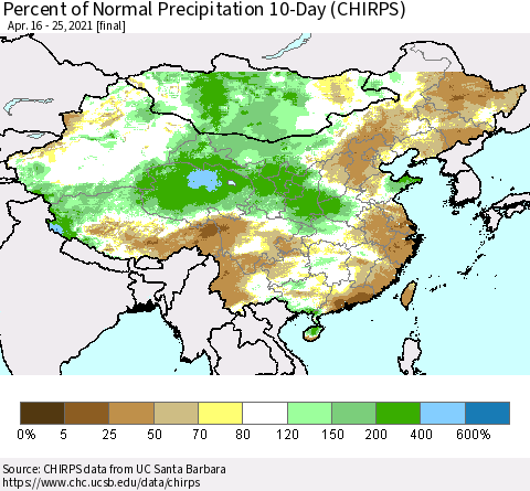 China, Mongolia and Taiwan Percent of Normal Precipitation 10-Day (CHIRPS) Thematic Map For 4/16/2021 - 4/25/2021